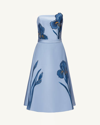 Trägerloses A-Linien-Midikleid mit Iris-Stickerei - Dusty Blue