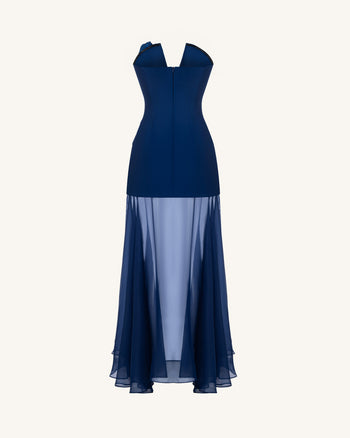 Iris Besticktes Maxikleid mit tiefem Ausschnitt und transparentem Überwurf – Marineblau