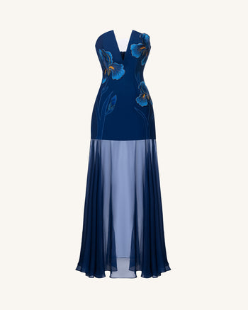Iris Besticktes Maxikleid mit tiefem Ausschnitt und transparentem Überwurf – Marineblau