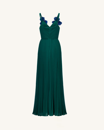 Iris Besticktes Plissee-Maxikleid mit V-Ausschnitt – Smaragdgrün