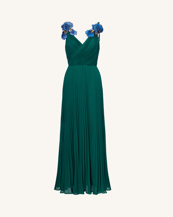 Iris Besticktes Plissee-Maxikleid mit V-Ausschnitt – Smaragdgrün
