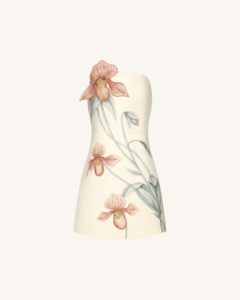 Minikleid mit Frauenschuh-Orchideen-Applikation – Elfenbein/Pfirsichrosa