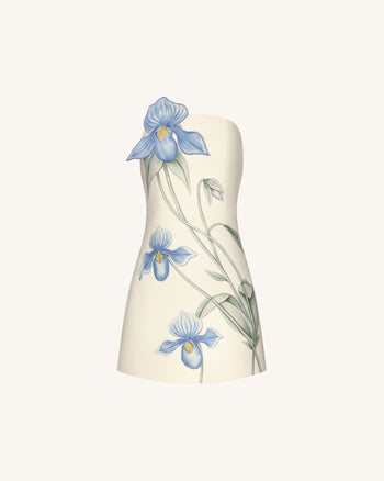 Frauenschuh-Orchideen-Applikations-Minikleid - Elfenbein/Blau