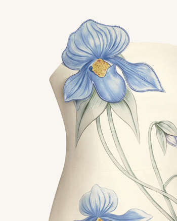 Frauenschuh-Orchideen-Applikations-Minikleid - Elfenbein/Blau