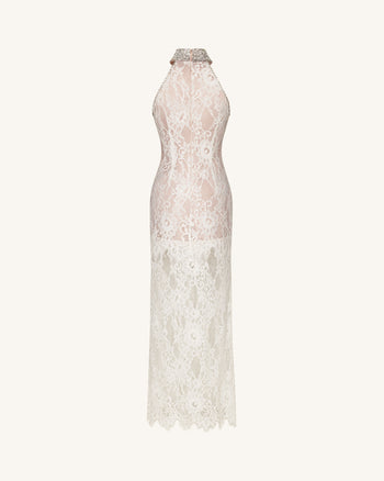 Juwelenbesetztes Neckholder-Kleid aus Spitze - Weiß