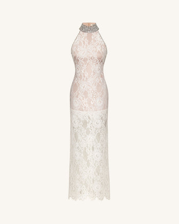 Juwelenbesetztes Neckholder-Kleid aus Spitze - Weiß