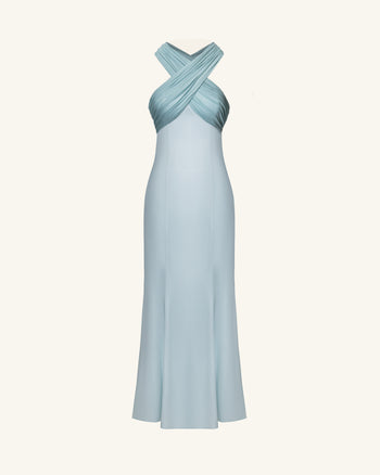 Plissee-Maxikleid aus Satin mit überkreuztem Neckholder – Staubblau