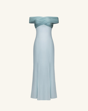 Plissee-Maxikleid aus Satin mit überkreuztem Neckholder – Staubblau