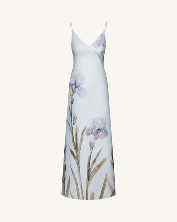 Satin-Slip-Kleid mit Iris-Motiv - Hellblau