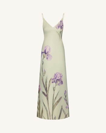 Satin-Slip-Kleid mit Iris-Motiv - Hellgrün/Lila