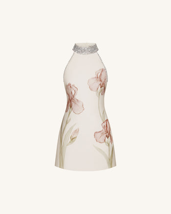 Halterkleid mit Juwelenbesatz und Iris-Motiv - Elfenbein/Rosa