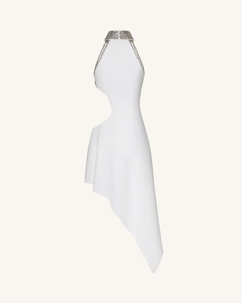 Hochgeschlossenes Kleid mit Schmucksteinen, Blumenmuster und Cut-outs - Weiß