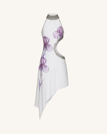 Hochgeschlossenes Kleid mit Schmucksteinen, Blumenmuster und Cut-outs - Weiß