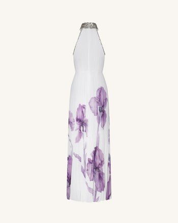 Plissiertes Maxikleid mit Neckholder, Schmucksteinkragen und Iris-Print - Weiß/Lila