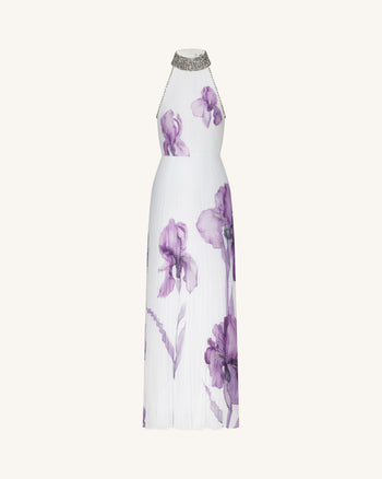 Plissiertes Maxikleid mit Neckholder, Schmucksteinkragen und Iris-Print - Weiß/Lila
