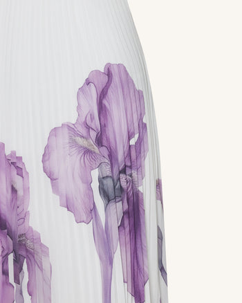 Plissiertes Maxikleid mit Neckholder, Schmucksteinkragen und Iris-Print - Weiß/Lila