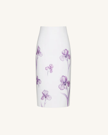 Bleistiftrock in Midilänge mit Iris-Print und hoher Taille - Weiß/Lila