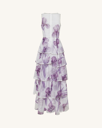 Gestuftes Organza-Maxikleid mit Iris-Print und Schmucksteinbesatz - Weiß/Lila