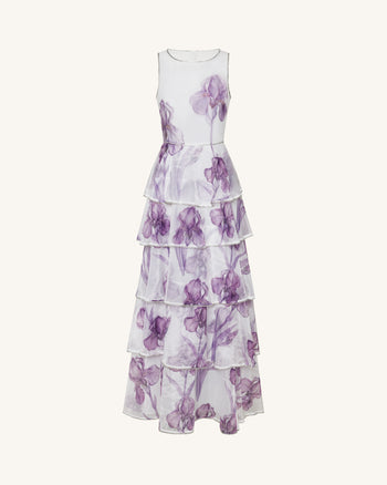Gestuftes Organza-Maxikleid mit Iris-Print und Schmucksteinbesatz - Weiß/Lila