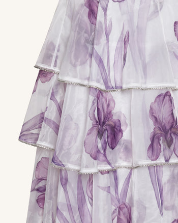 Gestuftes Organza-Maxikleid mit Iris-Print und Schmucksteinbesatz - Weiß/Lila