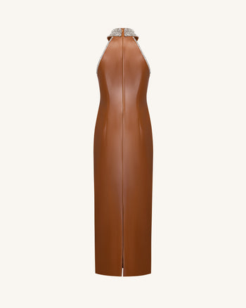 Hochgeschlossenes Neckholder-Maxikleid mit Schmucksteinen - Karamellbraun