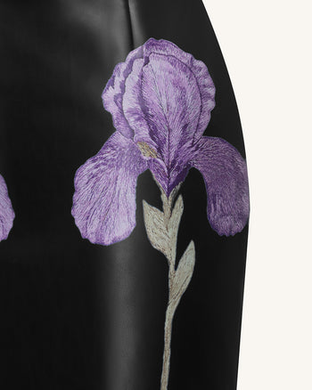Trägerloses Leder-Midikleid im Korsett-Stil mit Iris-Blumenprint - Schwarz