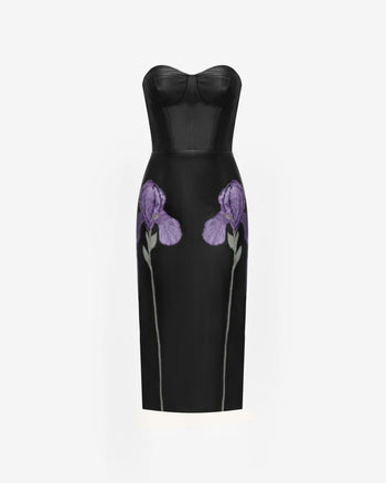 Trägerloses Leder-Midikleid im Korsett-Stil mit Iris-Blumenprint - Schwarz