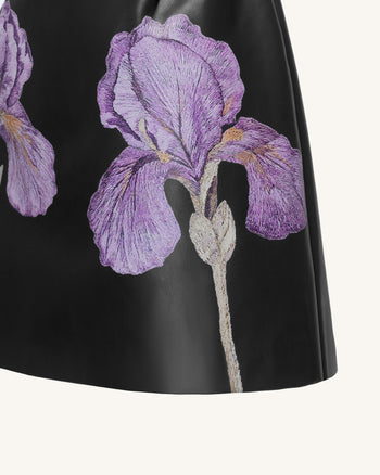 Leder-Minikleid mit One-Schulter und Iris-Blumenprint - Schwarz
