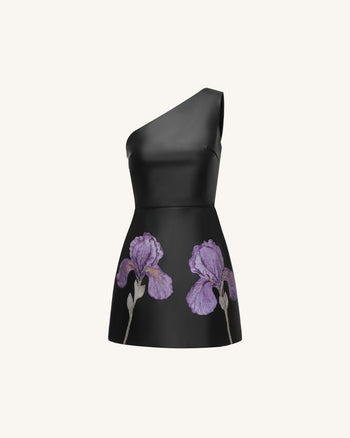 Leder-Minikleid mit One-Schulter und Iris-Blumenprint - Schwarz