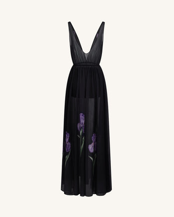 Transparentes Maxikleid mit Blumenprint - Schwarz