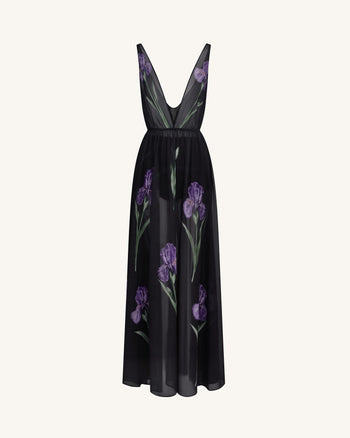 Transparentes Maxikleid mit Blumenprint - Schwarz