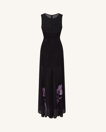 Transparentes Maxikleid mit Blumenprint und Einsätzen - Schwarz