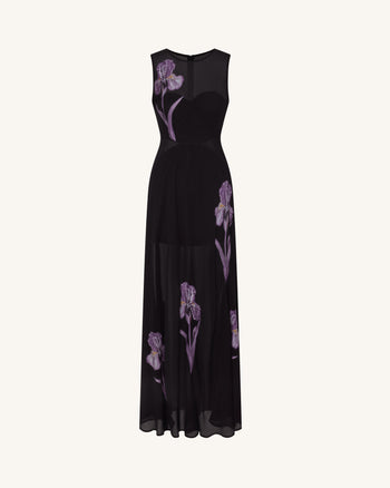 Transparentes Maxikleid mit Blumenprint und Einsätzen - Schwarz