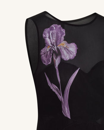 Transparentes Maxikleid mit Blumenprint und Einsätzen - Schwarz