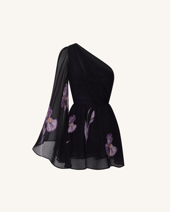 One-Schulter-Mesh-Kleid mit Blumenmuster - Schwarz