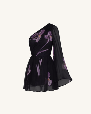 One-Schulter-Mesh-Kleid mit Blumenmuster - Schwarz