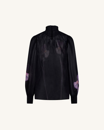 Transparente Stehkragenbluse mit Iris-Print - Schwarz/Lila