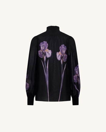 Transparente Stehkragenbluse mit Iris-Print - Schwarz/Lila