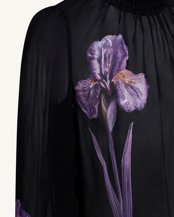 Transparente Stehkragenbluse mit Iris-Print - Schwarz/Lila