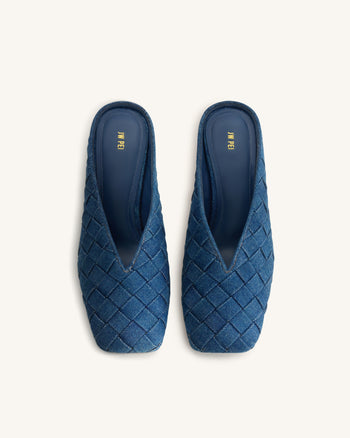 Ellie Geflochtene Mules mit Absatz und Square-Toe - Denimblau