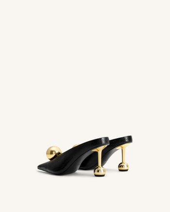 Sofia Mules mit Absatz und schrägem Rist in Schlangenleder-Optik – Schwarz