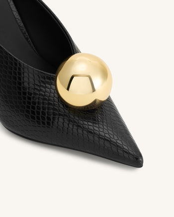 Sofia Mules mit Absatz und schrägem Rist in Schlangenleder-Optik – Schwarz