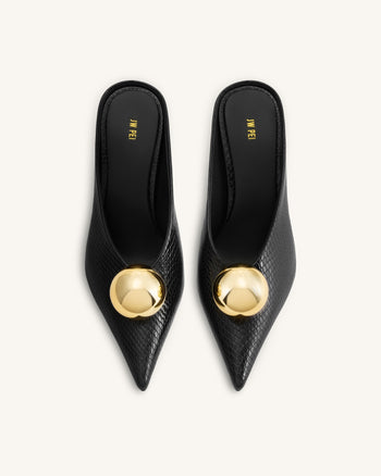 Sofia Mules mit Absatz und schrägem Rist in Schlangenleder-Optik – Schwarz