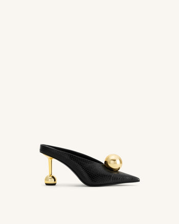Sofia Mules mit Absatz und schrägem Rist in Schlangenleder-Optik – Schwarz