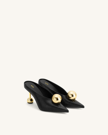 Sofia Mules mit Absatz und schrägem Rist in Schlangenleder-Optik – Schwarz