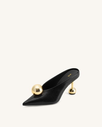 Sofia Mules mit Absatz und schrägem Rist in Schlangenleder-Optik – Schwarz