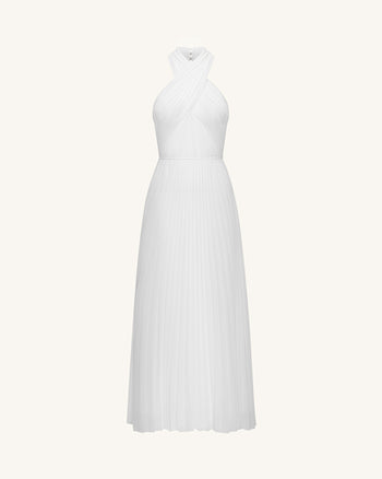 Plissee-Maxikleid mit überkreuztem Neckholder – Elfenbein