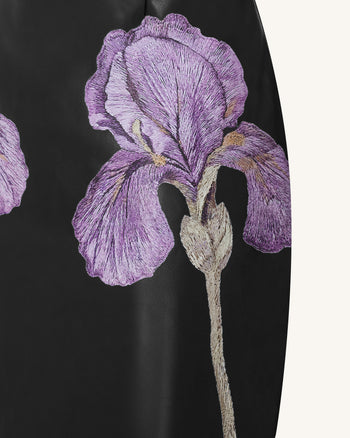 Iris Maxikleid aus Leder mit Blumenprint, Trägern und Korsett-Optik – Schwarz