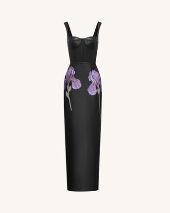 Iris Maxikleid aus Leder mit Blumenprint, Trägern und Korsett-Optik – Schwarz