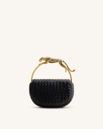 Ione Geflochtene Henkeltasche mit Leopardenform-Hardware-Griff - Schwarz